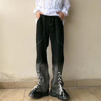 Hipi Kottis Goth Püksid Kõrge Waisted Punk Mustad Teksad Esteetiline Naiste Vintage Y2k Streetwear Nöörimine, Lai Jalg Denim Püksid