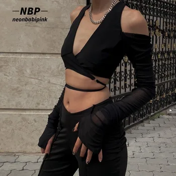 NEONBABIPINK Seksikas Must Saagi Tops Streetwear Naiste Mood 2022 Lace Up Sidemega V Kaela Lõigatud Pika Varrukaga T-Särgid N33-BZ15