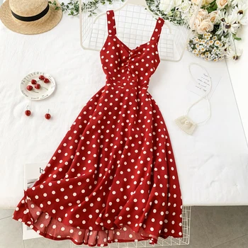 Naiste Vintage Dot Print Kleit Vestidos Mujer 2020. Aasta Uus Suvine Varrukateta Spagetid Punase-line Kleidid Daamid Beach Pikk Rüü
