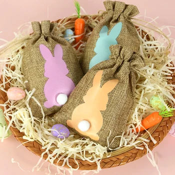6tk Easter Bunny Dekoratsioon Burlap Pingutusnöör Kingituste Kotid Komme Storage Pouch Kingitus Pakkimise Kotid Lapsed Sünnipäev, Lihavõtted Pool