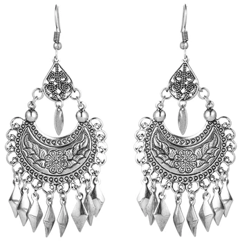 India ehteid Etnilise hõbeda värvi metallist tutt ripats, kõrvarõngad naistele Bohemian kuu kujuline lill, totem tilk kõrvarõngas kingitused