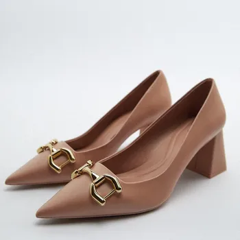 ZA 2022 Uued naiste kingad, beež metall pannal paks kanna mood kõrged kontsad välimine kanda pikad varba kingad