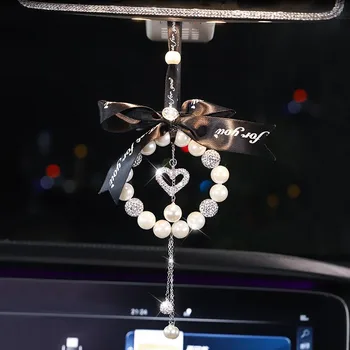 Mood Pearl Teemant Kristall Auto Ripats Rearview Mirror Rippuvad Kaunistused Bling Teenetemärgi Autode Lisavarustus Interjöör Naine