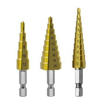 3tk/Set Titanium Step Drill Bits HSS Elektrilised Tööriistad kiirlõiketerasest Auk Lõikur Puidu Metalli Puurimine 3-12mm 4-12mm 4-20mm
