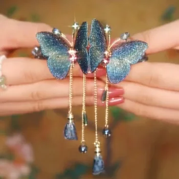Tikitud Liblikas Rhinestone Juuksed Clip Uus Hiina Stiilis Sinine Tutt Butterfly Spring Clip Naiste Kostüüm Hanfu Headdress