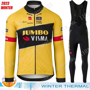Talvel Jumbo Visma Jalgrattasõit Jersey 2023 Meeskond Kehtestatud Soojusenergia Fliis Riietus Ülikond Meeste Pikk Varrukas MTB Rattaga Maantee Püksid, Rinnatüki Maillot