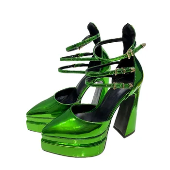 Kõrge kontsaga pikad varba topelt kiht paks tald seest õõnes kingad suured 43 roheline, seest õõnes sandaalid lakknahast seksikas naiste kingad