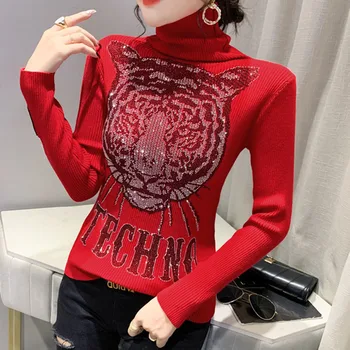 2022 Uus Kootud Riided Leopard Pea Punane Kampsun Naiste Luksus Kuum Rhinestone Diamond Dressipluus Naine Streetwear